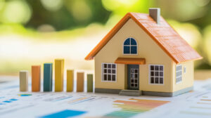 Modellhaus mit Statistiken und Holzblöcken