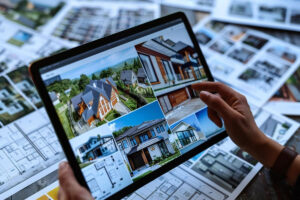 Mann hält Tablet mit Immobilienexposé in den Händen