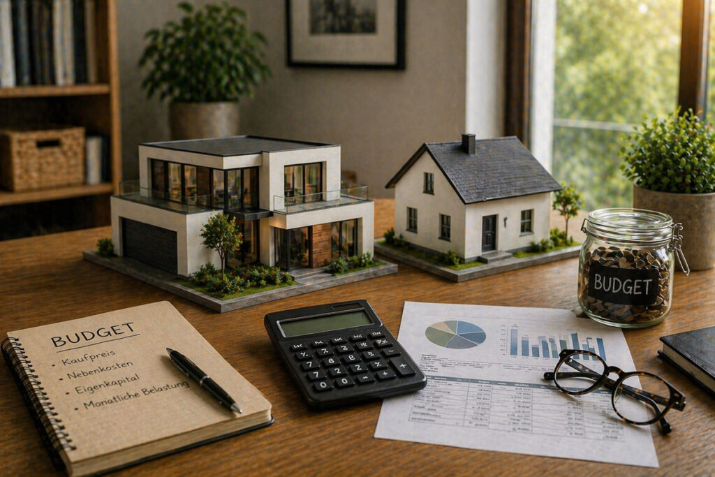 Hausmodelle mit Taschenrechner, Notizblock und Münzglas