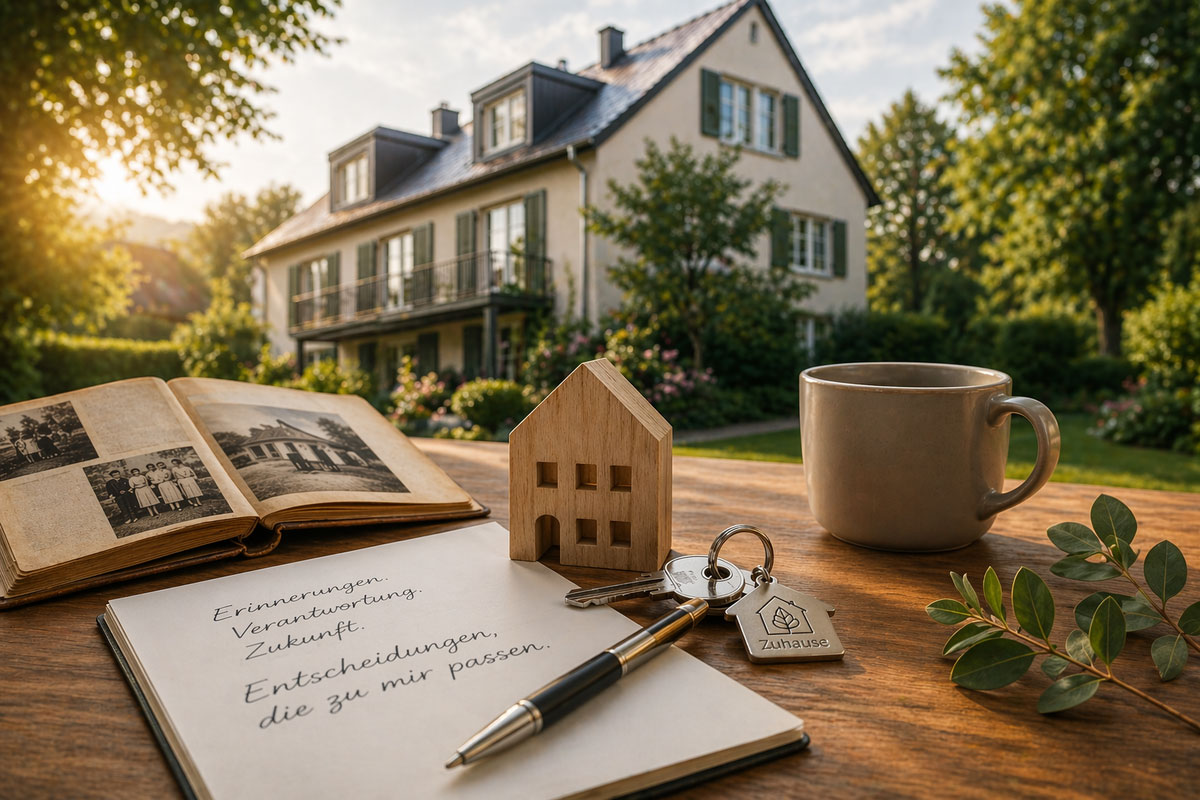 Hausmodell mit Buch, Notizen, Schlüssel und Tasse