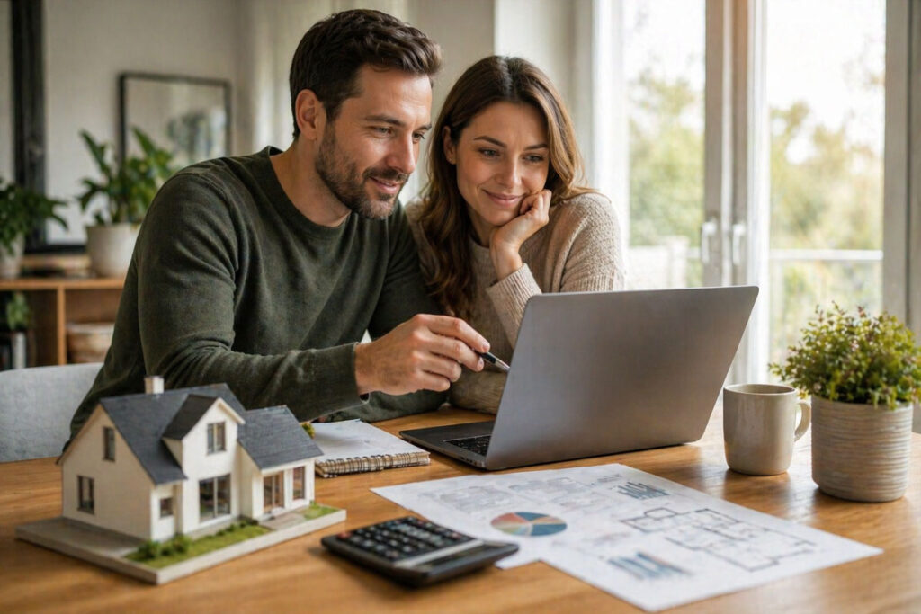 Junges Paar schaut zusammen auf ein Notebook