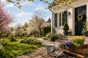 Blumen, Gartenwerkzeug und Haus bei Frühlingssonne