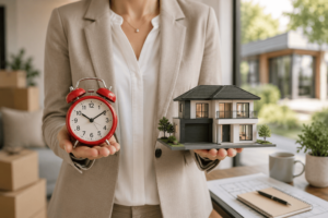 Frau hält in der einen Hand ein Modellhaus, in der anderen einen Wecker