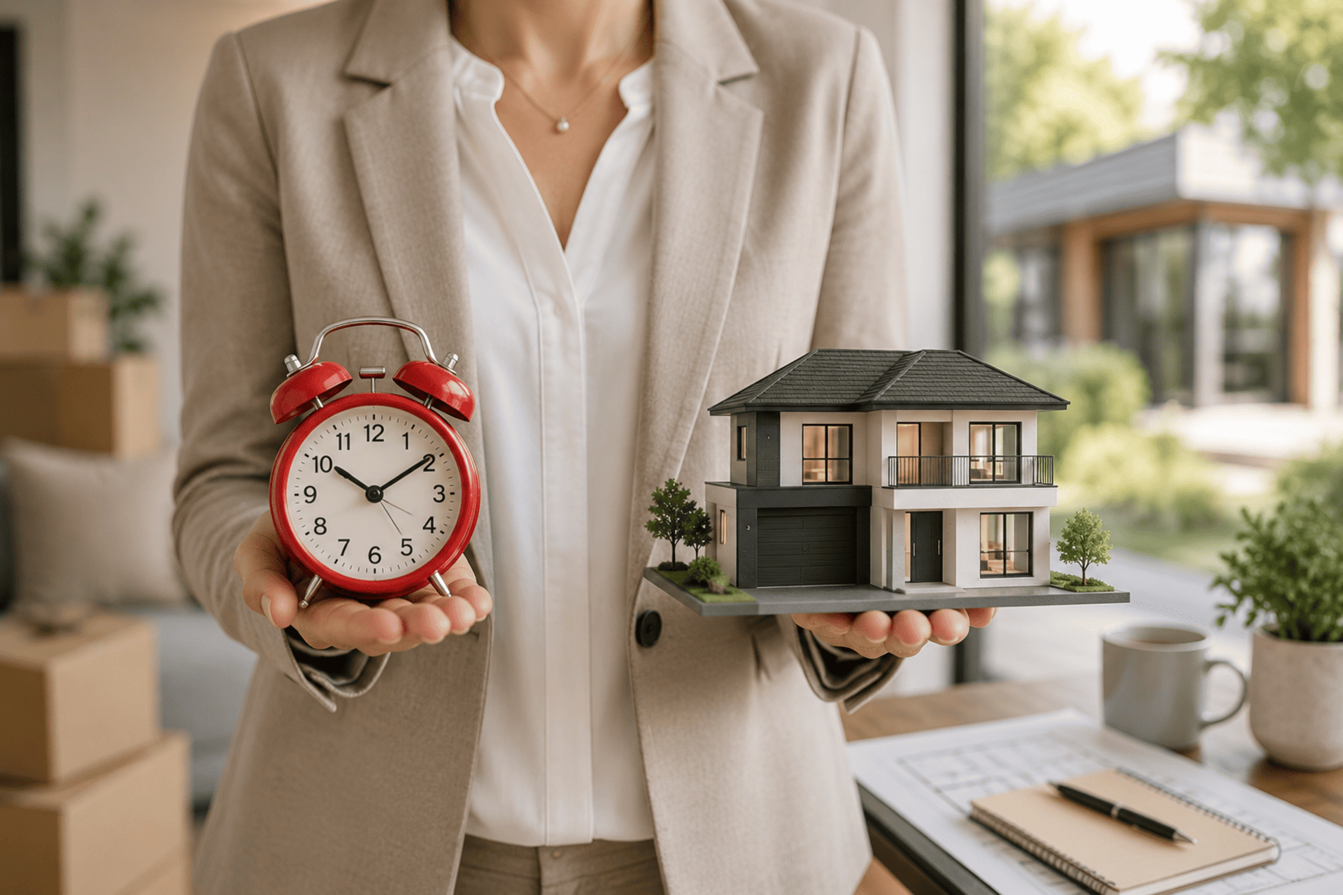 Frau hält in der einen Hand ein Modellhaus, in der anderen einen Wecker