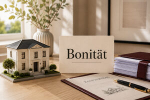 Schild mit Aufschrift Bonität, Modellhaus und Kaufvertrag